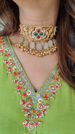 Hand Embroidered Lime Green Kaftan With Dhoti Skirt