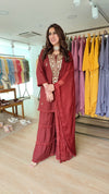 Embroidered Maroon Long Yoke Sharara Set