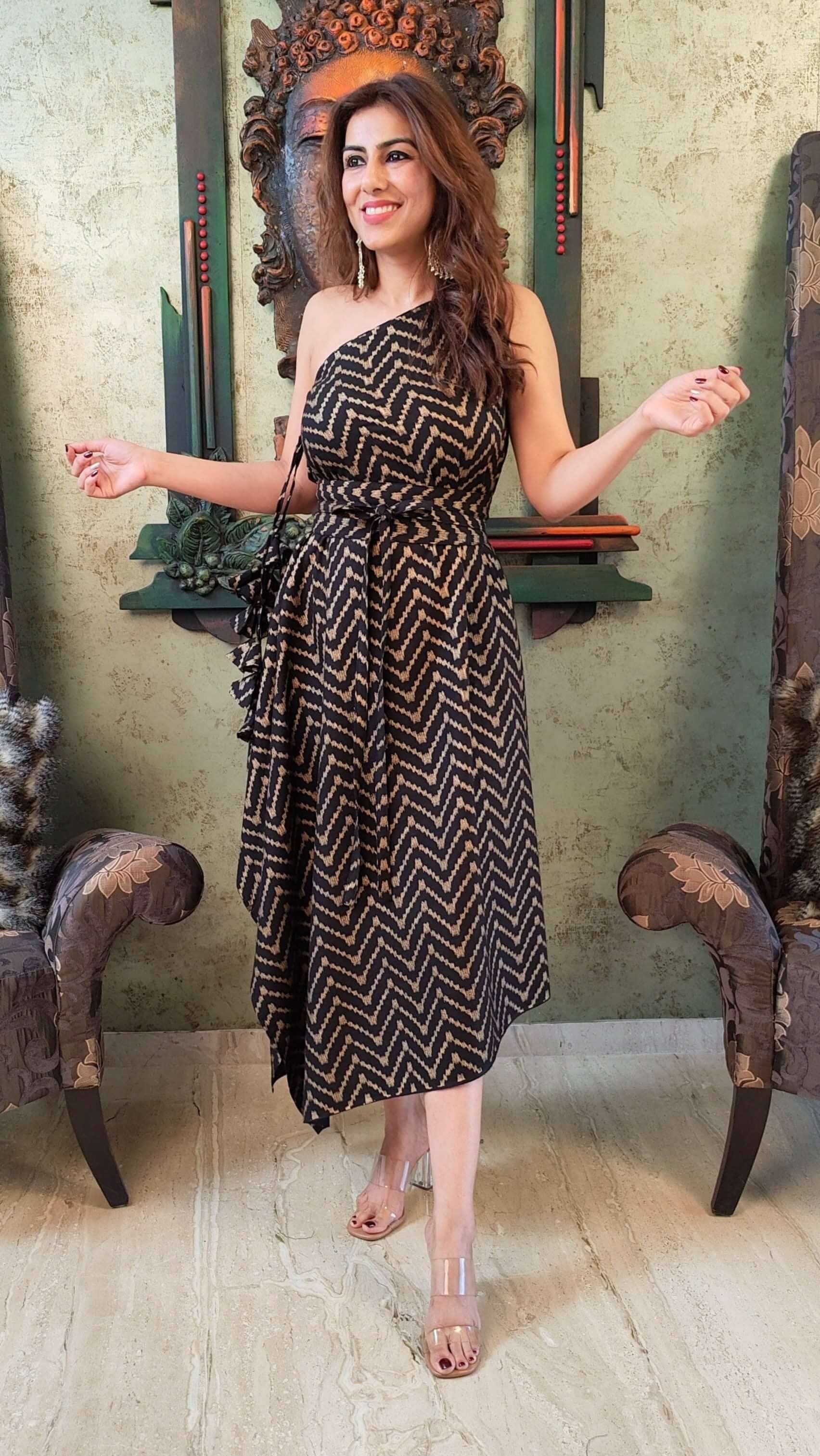 Gold Black One Sided Kaftan With Belt