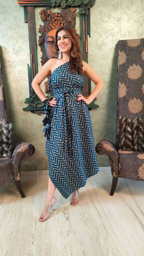 Gold Blue One Sided Kaftan With Belt