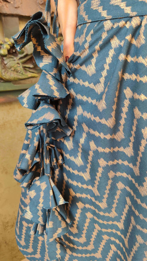 Gold Blue One Sided Kaftan With Belt