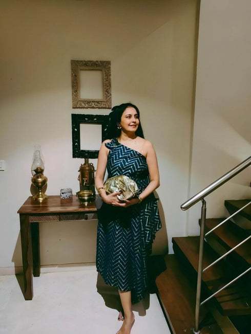 Gold Blue One Sided Kaftan With Belt