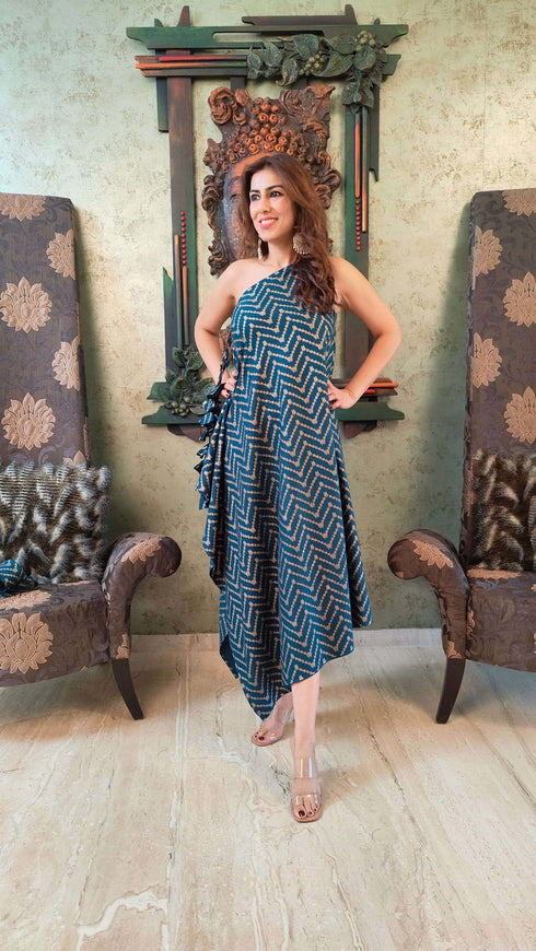 Gold Blue One Sided Kaftan With Belt