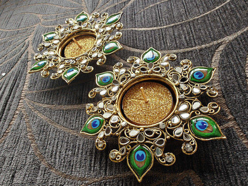 Gold peacock Kundan Diya Set - Accessory