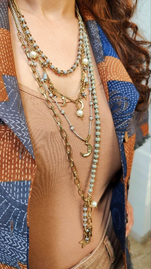 Golden Green Bead Multi Layer Necklace