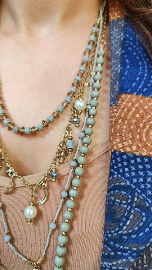 Golden Green Bead Multi Layer Necklace