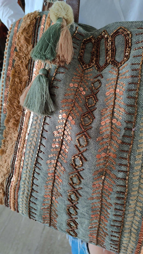 Green Brown Banjara Handcrafted Embroidery Tote Bag