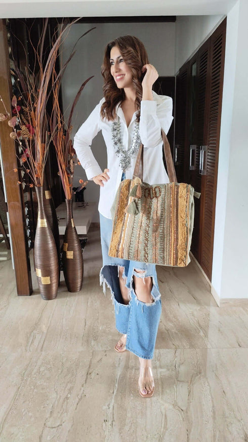 Green Brown Banjara Handcrafted Embroidery Tote Bag