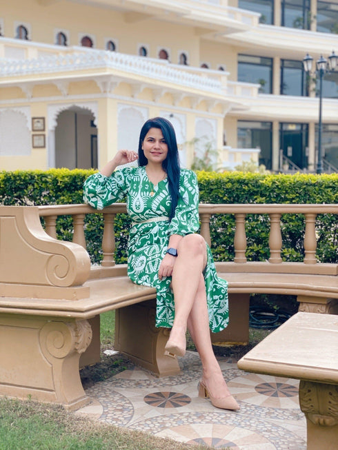 Green White Dress with Belt