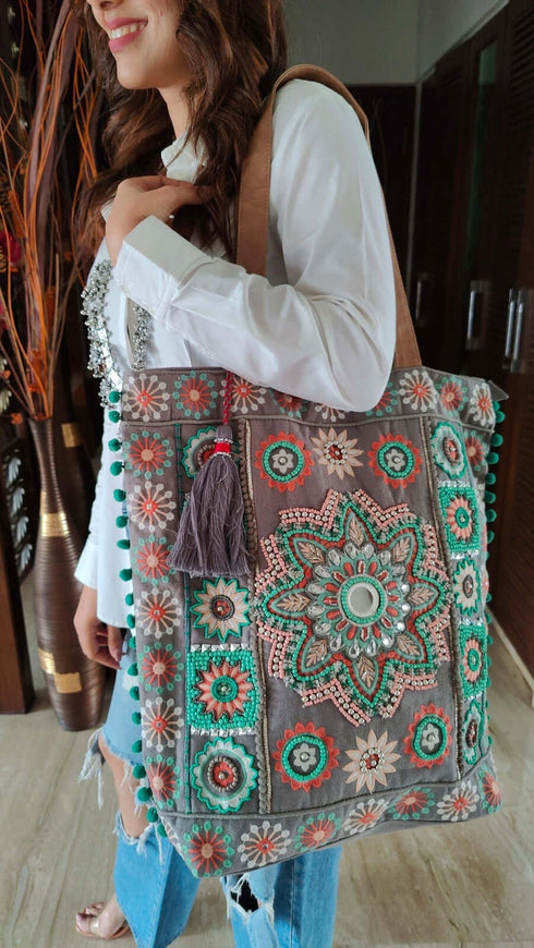 Grey Beadwork Banjara Handcrafted Embroidery Tote Bag
