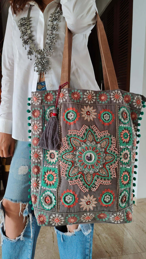 Grey Beadwork Banjara Handcrafted Embroidery Tote Bag