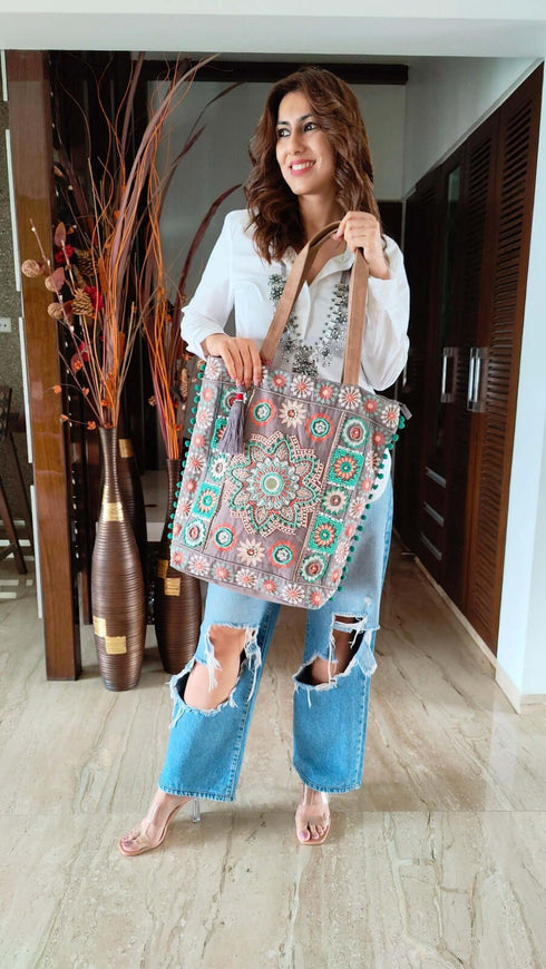 Grey Beadwork Banjara Handcrafted Embroidery Tote Bag