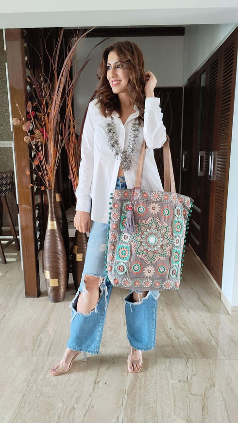 Grey Beadwork Banjara Handcrafted Embroidery Tote Bag