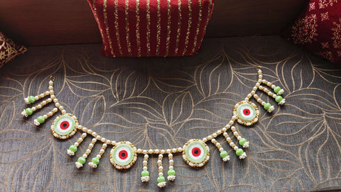 Handcrafted Green Pearl Evil Eye Toran - Accessory