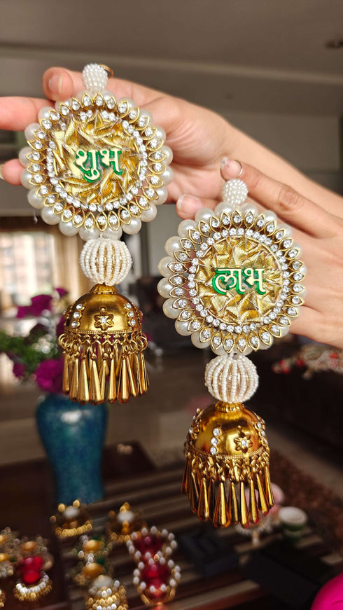 Heavy White Gold Jhumka Shubh Labh Set (Pair of 2) - Accessory
