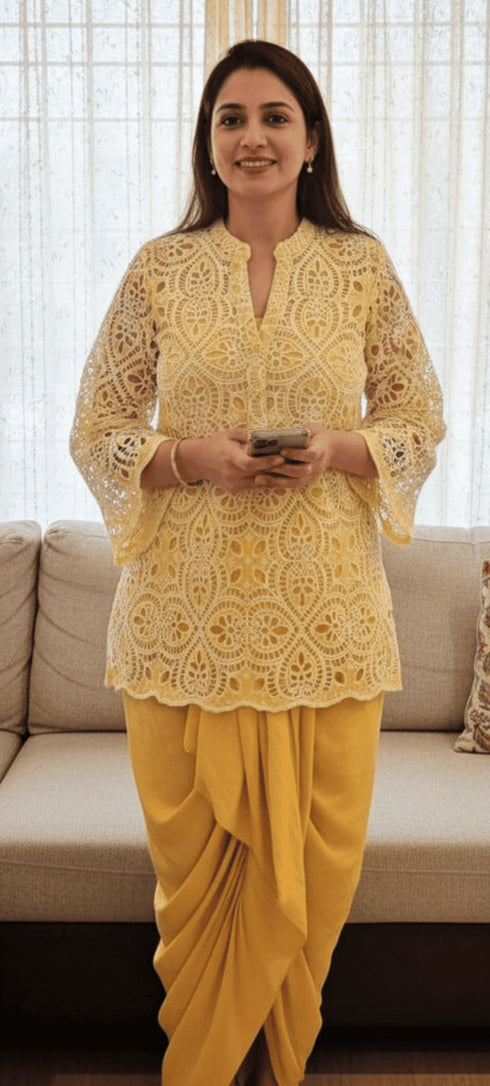 Yellow Cutwork Kurta with Dhoti and Singlet