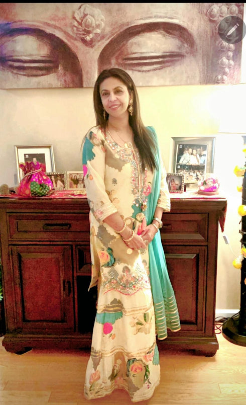 Teal Cream Sharara Set