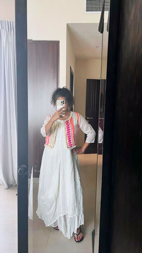 Off White Drape gown with Neon Jacket - DC Mumbai