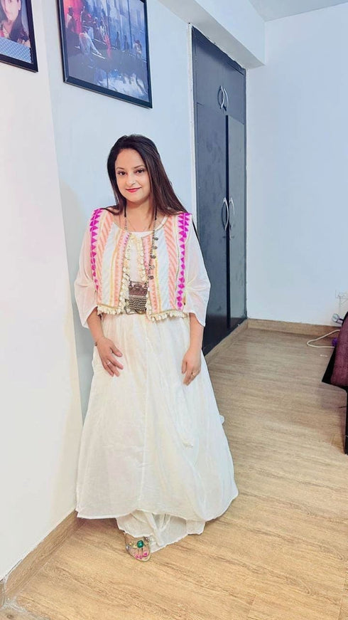 Off White Drape gown with Neon Jacket - DC Mumbai