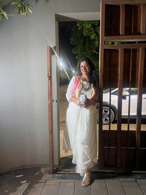 Off White Drape gown with Neon Jacket - DC Mumbai