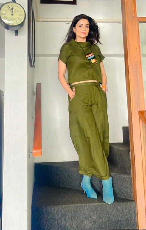 Moss Green 3 Piece Coord Set - Neckpiece included