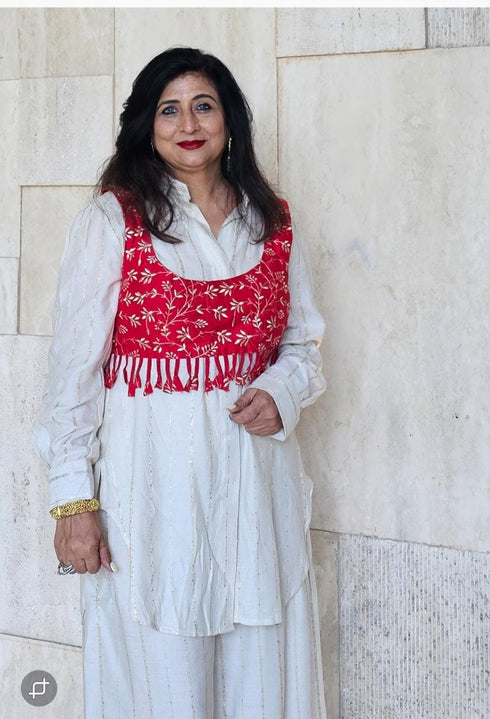 Red and Off White Koti Pathani Set