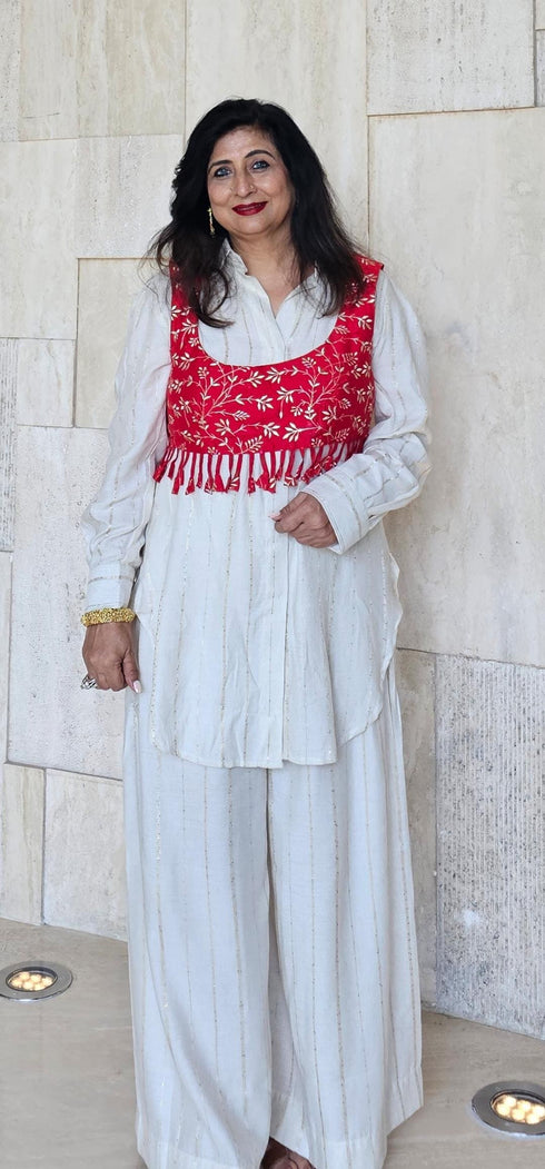 Red and Off White Koti Pathani Set