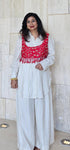 Red and Off White Koti Pathani Set
