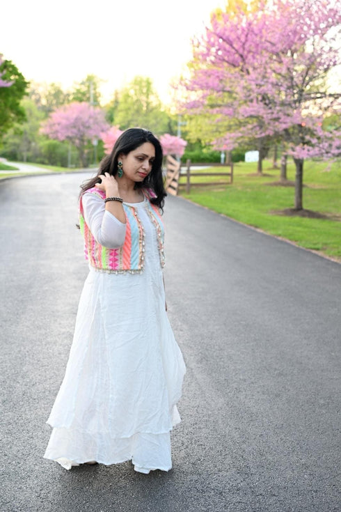 Off White Drape gown with Neon Jacket - DC Mumbai