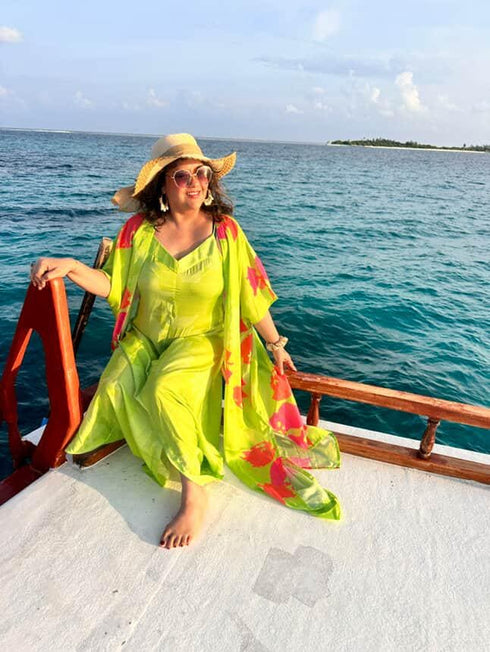 Parrot Green Dress with Cape