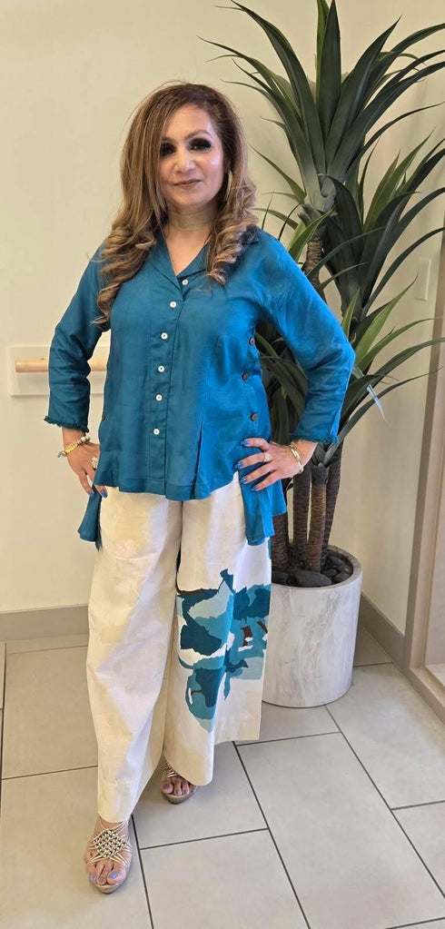 Rose Teal Blue Shirt Coord Set