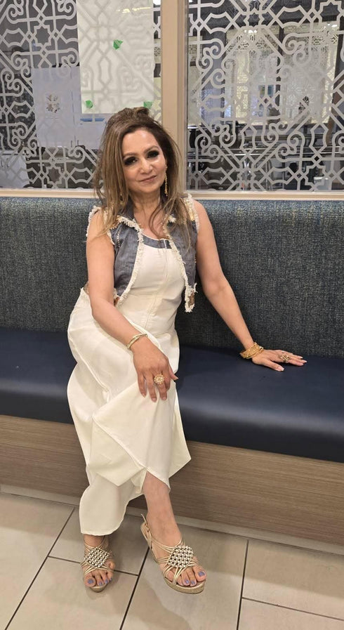 White Jumpsuit with Denim Jacket