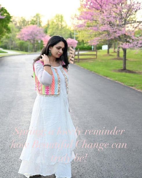 Off White Drape gown with Neon Jacket - DC Mumbai