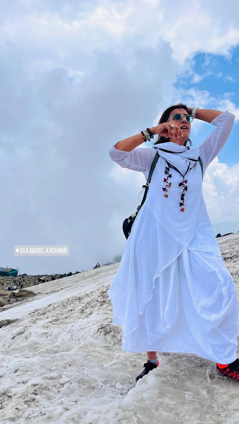 White Drape Dress with Scarf