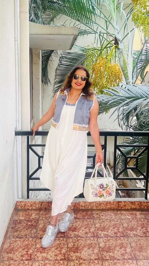 White Jumpsuit with Denim Jacket