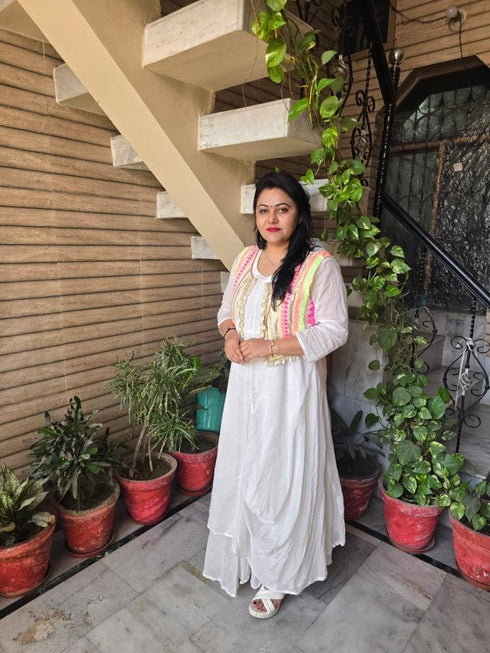 Off White Drape gown with Neon Jacket - DC Mumbai