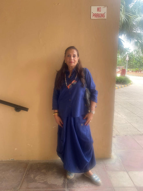 Navy Blue Drape Skirt Set For Women