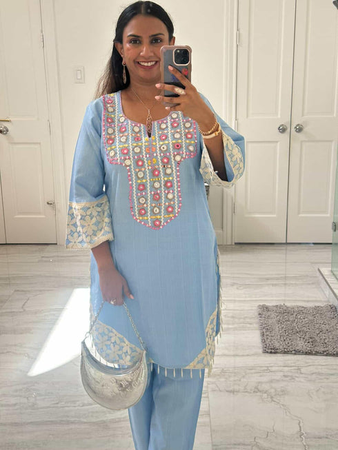 Pastel Blue Mirror Embroidered Kurta Set with Lace Detailing
