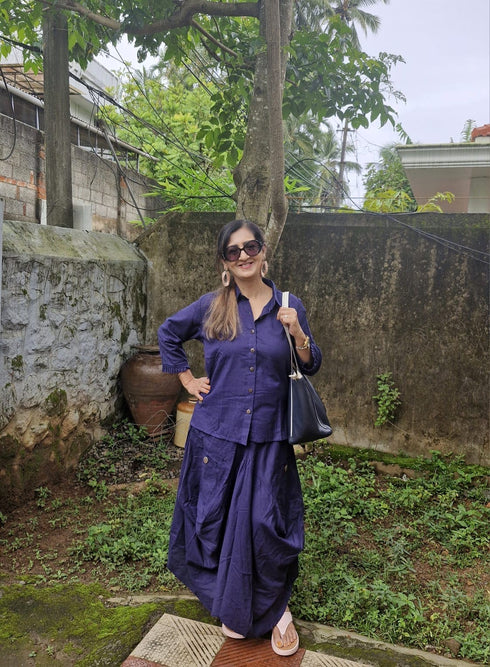 Navy Blue Drape Skirt Set For Women