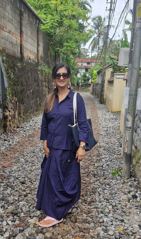 Navy Blue Drape Skirt Set For Women