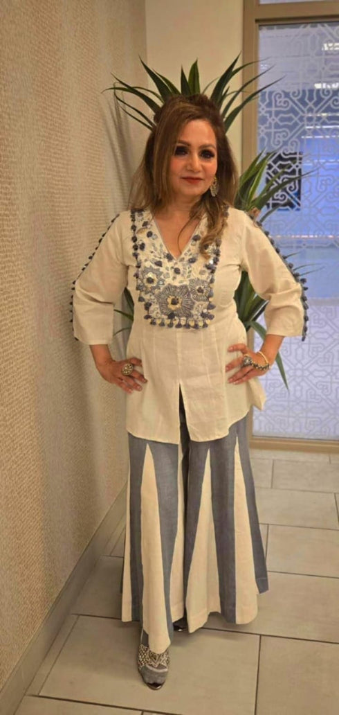 Embroidered Top With Kali Pants - Denim Look