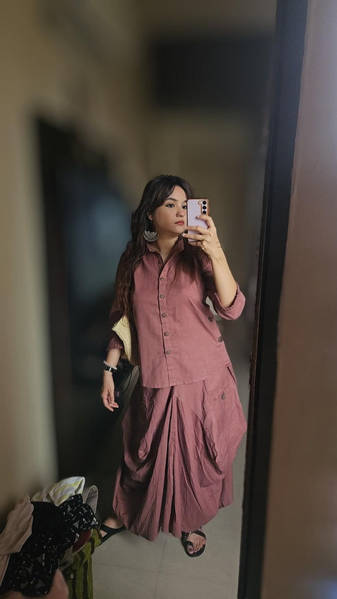 Onion Pink Drape Skirt Set For Women