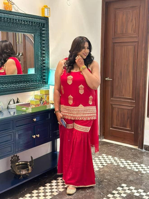 Red Spaghetti Sharara Set