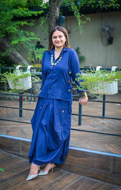 Navy Blue Drape Skirt Set For Women