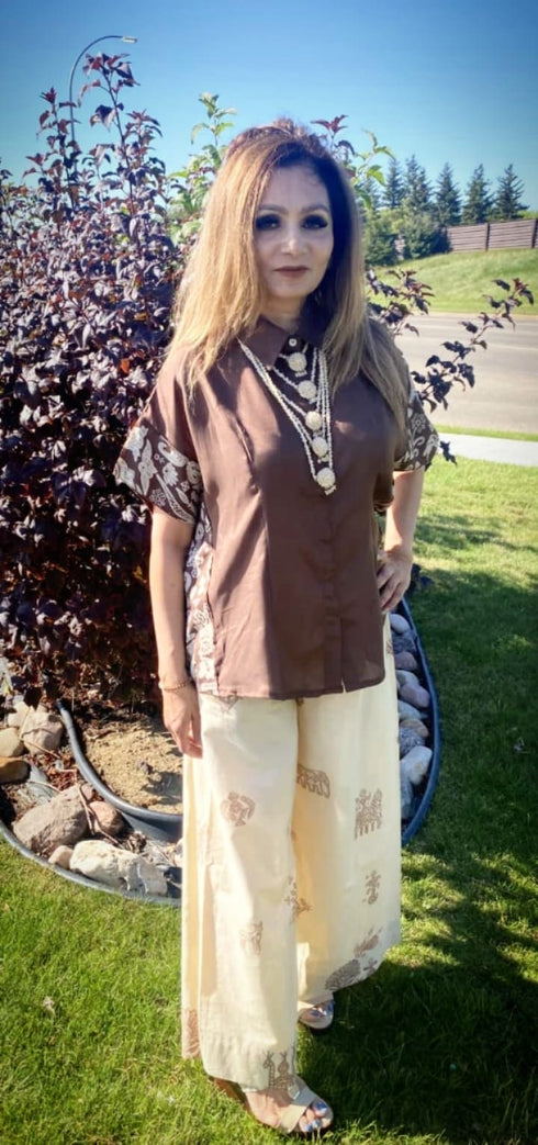 Brown Cream Kaftan Coord Set