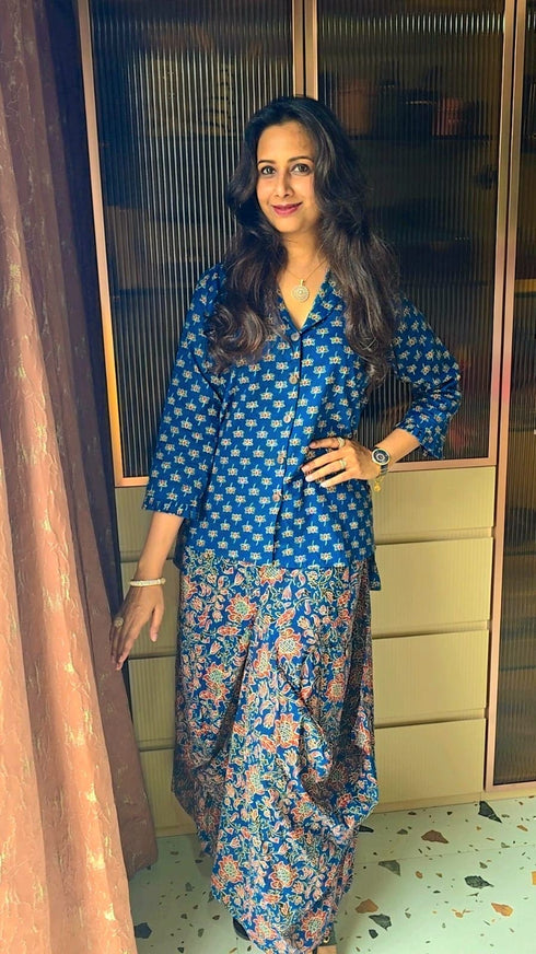 Jaipuri Blue Drape Skirt Set For Women