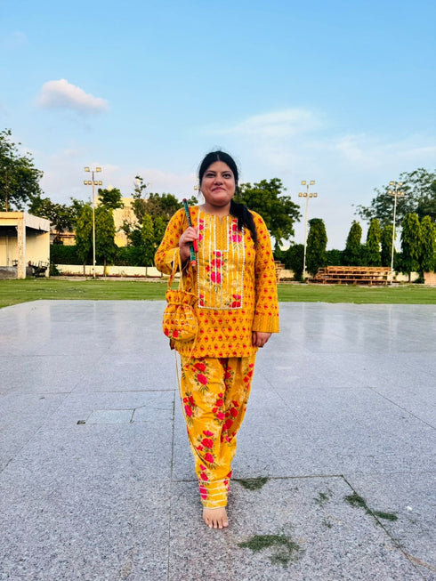 Yellow Jaipuri Farshi Set with Potli