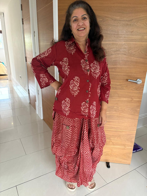 Jaipuri Maroon Drape Skirt Set For Women