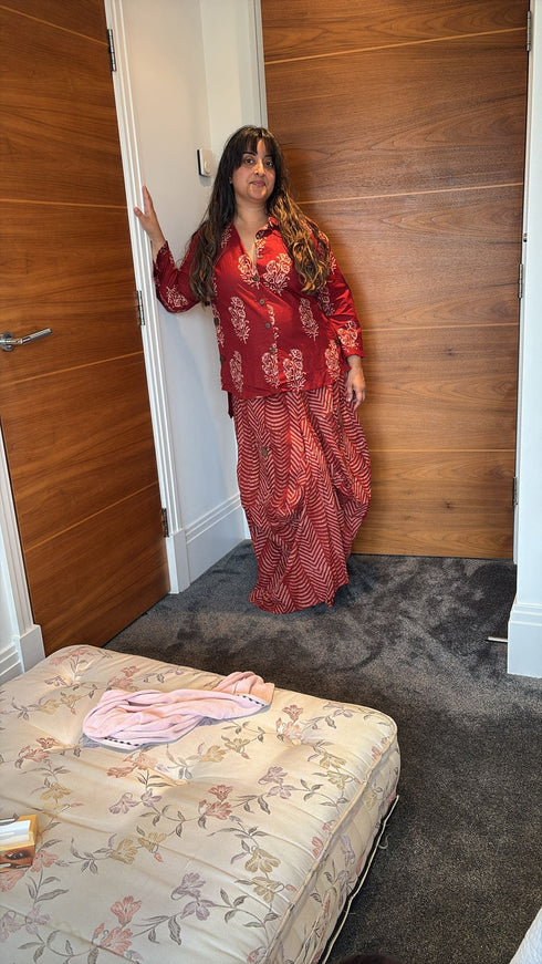 Jaipuri Maroon Drape Skirt Set For Women