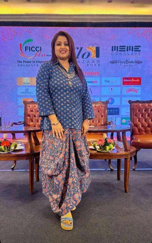 Jaipuri Blue Drape Skirt Set For Women